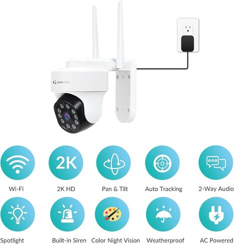 yeewise 2K Pan Tilt Outdoor WiFi Security Camera with Motion Spotlights and Auto Tracking, Color Night Vision, AC Powered Wireless IP Camera with 2-Way Audio and Siren Alarm, AI Motion Detection in Kuwait