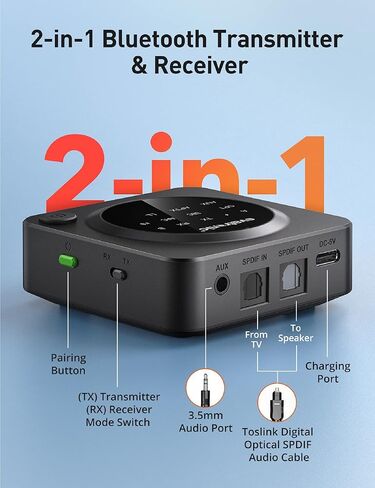 جهاز إرسال بلوتوث 5.0 للتلفزيون / الكمبيوتر الشخصي ، محول وقت قصير Evatronic AptX مع 3.5 مم RCA لنظام ستيريو للسيارة / المنزل ، زوج مع 2 جهازين ، وقت عمل بحد أقصى 22 ساعة في شحن واحد in Kuwait