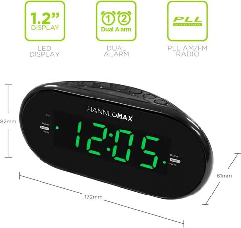HANNLOMAX HX-123CR Alarm Clock Radio, PLL AM/FM Radio, Green LED 1.2 Inches Display, Dual Alarms, Dimmer in Saudi Arabia