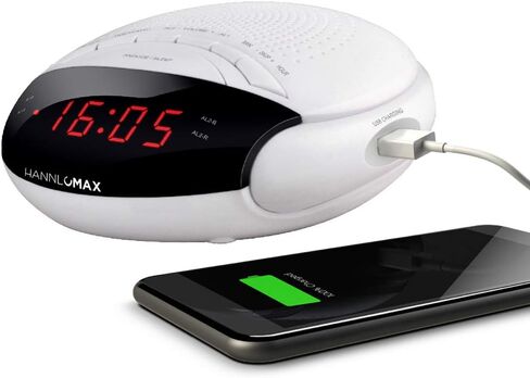 HANNLOMAX HX-200 Alarm Clock Radio, PLL FM Radio, with Preset Stations, Dual Alarm, 0.6" Red LED Display, USB Port for 1A Charging, Memory Backup, AC/DC Adaptor Included (White) in Saudi Arabia