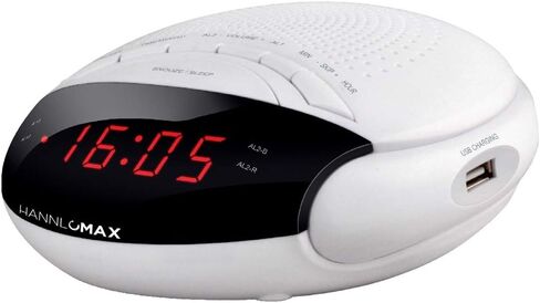HANNLOMAX HX-200 Alarm Clock Radio, PLL FM Radio, with Preset Stations, Dual Alarm, 0.6" Red LED Display, USB Port for 1A Charging, Memory Backup, AC/DC Adaptor Included (White) in Saudi Arabia