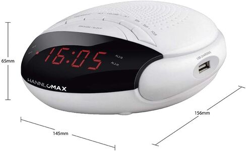 HANNLOMAX HX-200 Alarm Clock Radio, PLL FM Radio, with Preset Stations, Dual Alarm, 0.6" Red LED Display, USB Port for 1A Charging, Memory Backup, AC/DC Adaptor Included (White) in Saudi Arabia