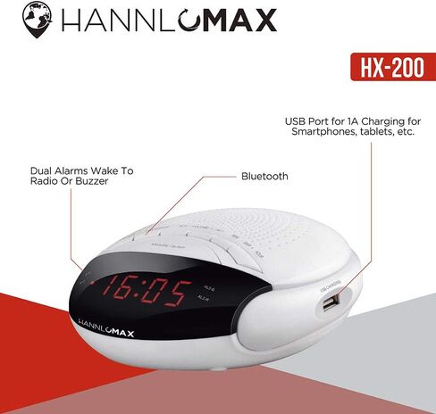 HANNLOMAX HX-200 Alarm Clock Radio, PLL FM Radio, with Preset Stations, Dual Alarm, 0.6" Red LED Display, USB Port for 1A Charging, Memory Backup, AC/DC Adaptor Included (White) in Saudi Arabia