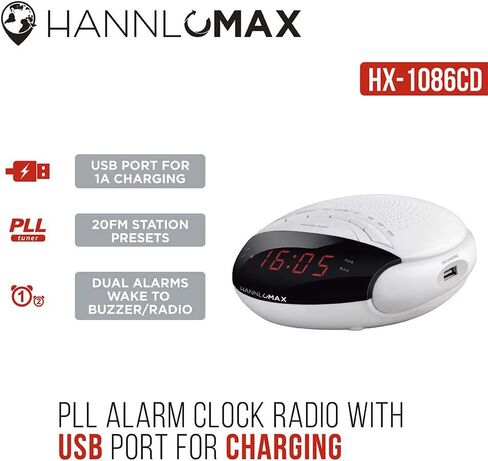 HANNLOMAX HX-200 Alarm Clock Radio, PLL FM Radio, with Preset Stations, Dual Alarm, 0.6" Red LED Display, USB Port for 1A Charging, Memory Backup, AC/DC Adaptor Included (White) in Saudi Arabia