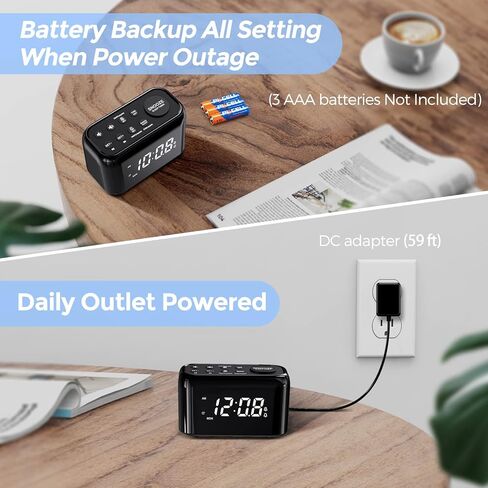 ويلجو راديو منبه مزدوج ليوم الاسبوع وعطلة نهاية الاسبوع مع غفوة قابلة للتعديل، تعتيم 0-100%، 7 نغمات، 30 مستوى صوت، راديو اف ام مع مؤقت للنوم، بطارية احتياطية، حجم صغير لغرفة النوم والمكتب والطاولة in Kuwait