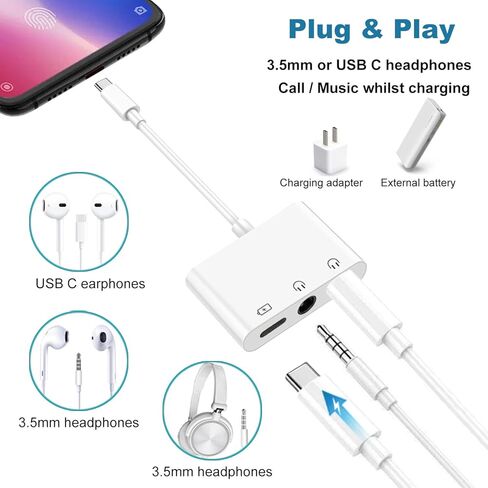محول USB نوع C الى 3.5 ملم لسماعة الراس والشحن 3 في 1 نوع C الى مقبس صوت AUX مزدوج وكابل دونجل للشحن السريع متوافق مع جالكسي اس 23 الترا واس 22 واس 21 واس 20 ونوت 20 وايباد برو وبكسل 7 للتوصيل in Kuwait