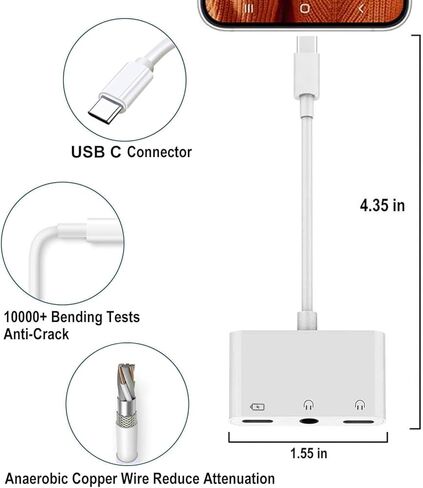 محول USB نوع C الى 3.5 ملم لسماعة الراس والشحن 3 في 1 نوع C الى مقبس صوت AUX مزدوج وكابل دونجل للشحن السريع متوافق مع جالكسي اس 23 الترا واس 22 واس 21 واس 20 ونوت 20 وايباد برو وبكسل 7 للتوصيل in Kuwait