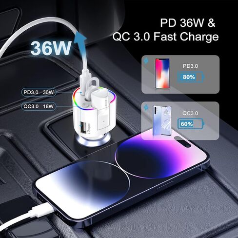 جهاز إرسال FM بلوتوث من Olipiter، محول سيارة بلوتوث، محول شاحن سيارة لاسلكي مع شحن سريع QC3.0+PD36W لمعظم الهواتف الذكية in Kuwait