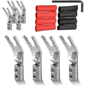 Tertullus 8 Pcs DIY Y Plugs Pure Copper Speaker Spade Connectors Y Plug Spade Speaker Wire Connectors 45 Degree Rhodium Plated Screw Locking Adapter Fork Spade Plugs for Speaker Wire