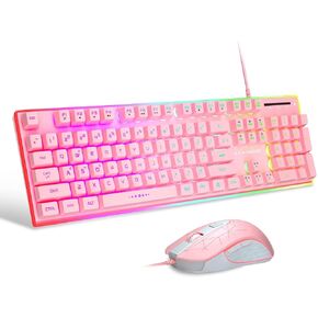 MageGee Gaming Keyboard and Mouse Combo, True RGB Backlit Membrane Office Keyboard Mouse, 104 Keys Anti-Ghosting Metal Panel Quiet Wired Keyboard for Windows Laptop PC Gamer- Pink