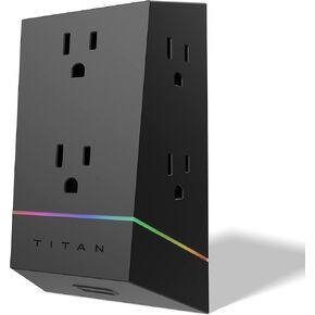Titan Surge Protector Power Strip, 3 Outlet Surge Protector, 4Ft Braided Cord Flat Plug Power Strip, 240V Gaming Power Strip, 3-Prong Power Strip, 360 Surge Protector Outlet, Multicolor/Black, 60046