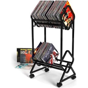 EMBATHER Vinyl Record Storage, Mobile 2-Tier Record Holder, 180-200 LP Storage Shelf, Easy and Quick Installation, Vinyl Record Display, Black Record Stand for Albums, CDs, Books and Magazines in Saudi Arabia