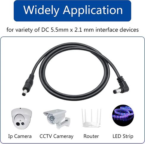 كابل تمديد الطاقة 3.3FT DC 12V، زاوية قائمة 90 درجة 5.5 مم × 2.1 مم ذكر إلى أنثى قابس محول الطاقة، لكاميرات IP اللاسلكية للمراقبة الأمنية CCTV وما إلى ذلك المزيد من قابس موصل DC5521 (قطعتان) in Kuwait
