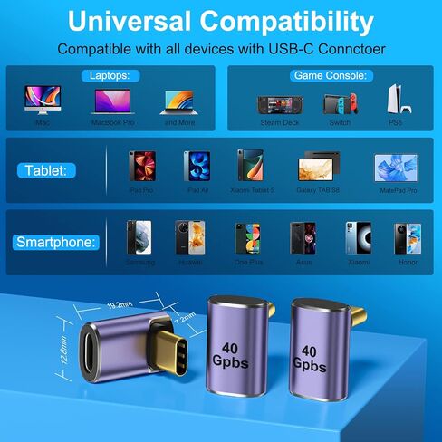 محول USB C بزاوية قائمة [3 عبوات] محول 90 درجة USB C ذكر الى USB-C انثى لاعلى واسفل 90 درجة 100 واط/40 جيجابايت في الثانية لستيم ديك وسويتش ونوت بوك والتابلت والهواتف in Kuwait