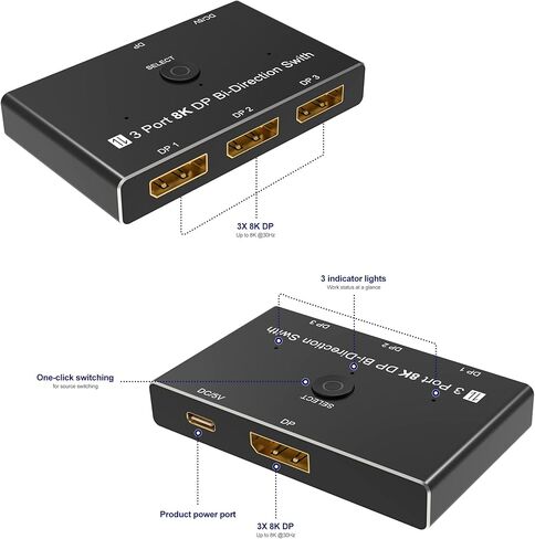 محول مقسم من 3 منافذ ديسبلاي بورت 8 كيه دي بي 1.4 ثنائي الاتجاه 8K@30Hz 4K@120Hz لمصادر وشاشات متعددة من يوينتيك in Kuwait
