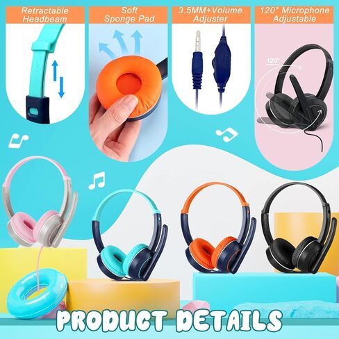 8 Pack Kids Headphones with Rotating Mic Bulk Wired Classroom Headphones with 3.5 mm Jack Over Ear Adjustable Headphones for Kids Teens Adults School Office Meetings Chat, 4 Colors in Kuwait