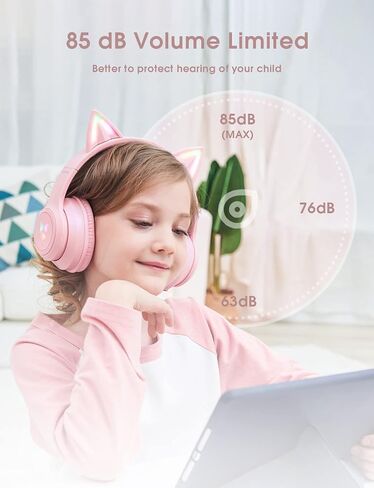 Bluetooth Kids Headphones with Microphone, Cat Ear LED Light Up and 85dB Volume Limiting Toddlers Study Headphones, Wireless Foldable HI-FI sound Over-Ear School Headphones for iPhone/iPad/Laptop/PC in Kuwait