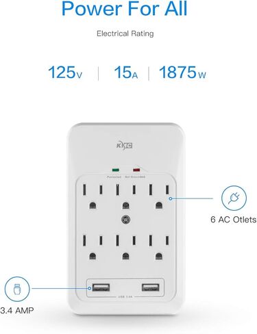 كيه ام سي ،6-Outlet Surge Tap ،2 USB Ports (3.4A) ،980 Joules Surge Protector ، أبيض in Kuwait