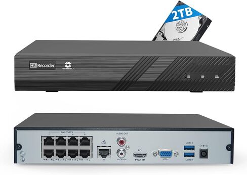 GWSECU 4K 8 قنوات PoE NVR مع 2 تيرابايت HDD، H.265 3MP/4MP/5MP/6MP/8MP 8CH مسجل فيديو شبكي، يدعم ما يصل إلى 8X 8MP/4K كاميرات IP، 1 منافذ SATA تصل إلى 10 تيرابايت، الوصول عن بعد، GW- NVR8P-2T in Kuwait