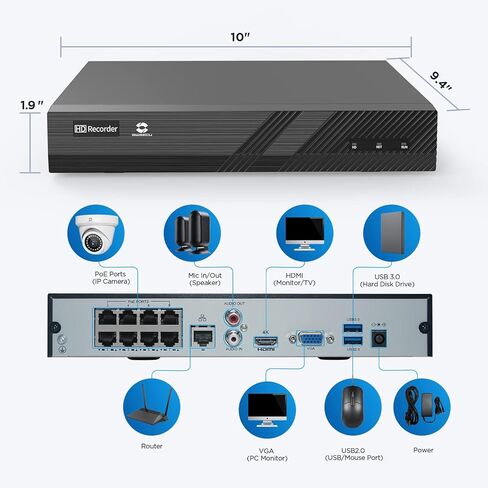 GWSECU 4K 8 قنوات PoE NVR مع 2 تيرابايت HDD، H.265 3MP/4MP/5MP/6MP/8MP 8CH مسجل فيديو شبكي، يدعم ما يصل إلى 8X 8MP/4K كاميرات IP، 1 منافذ SATA تصل إلى 10 تيرابايت، الوصول عن بعد، GW- NVR8P-2T in Kuwait