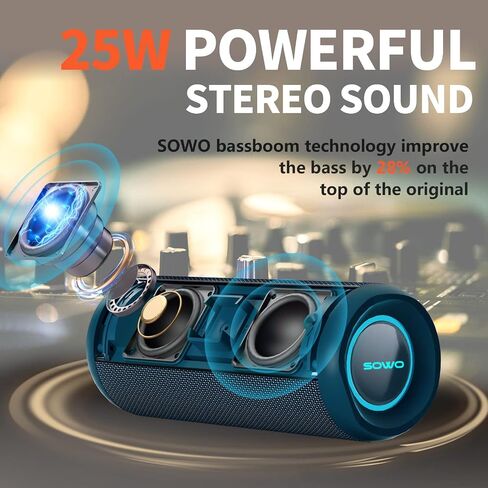 SOWO Bluetooth Speaker Wireless, IPX7 Waterproof Portable Speaker Outdoor | 25W Loud Stereo, Bassboom Tech, TWS Pairing, 16H Playtime, Built-in Mic, All-Day Music for Camping Beach Pool and Home, Black in Kuwait