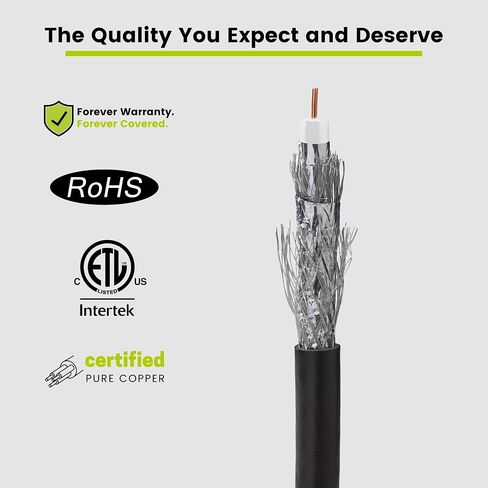TRUECABLE RG6 Outdoor Dual Shield Bulk Coaxial Cable, 1000ft, Black, Direct Burial (CMX), 75 Ohm, 18 AWG Bare Copper Conductor, UV Resistant, 3GHz Sweep Tested in Kuwait