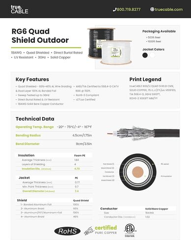 TRUECABLE RG6 Outdoor Dual Shield Bulk Coaxial Cable, 1000ft, Black, Direct Burial (CMX), 75 Ohm, 18 AWG Bare Copper Conductor, UV Resistant, 3GHz Sweep Tested in Kuwait