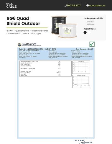 TRUECABLE RG6 Outdoor Dual Shield Bulk Coaxial Cable, 1000ft, Black, Direct Burial (CMX), 75 Ohm, 18 AWG Bare Copper Conductor, UV Resistant, 3GHz Sweep Tested in Kuwait