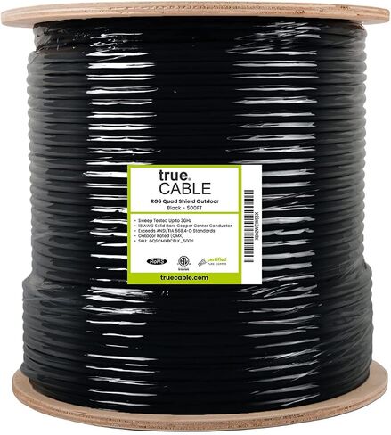TRUECABLE RG6 Outdoor Dual Shield Bulk Coaxial Cable, 1000ft, Black, Direct Burial (CMX), 75 Ohm, 18 AWG Bare Copper Conductor, UV Resistant, 3GHz Sweep Tested in Kuwait