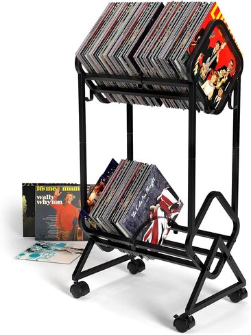EMBATHER Vinyl Record Storage, Mobile 2-Tier Record Holder, 180-200 LP Storage Shelf, Easy and Quick Installation, Vinyl Record Display, Black Record Stand for Albums, CDs, Books and Magazines in Saudi Arabia