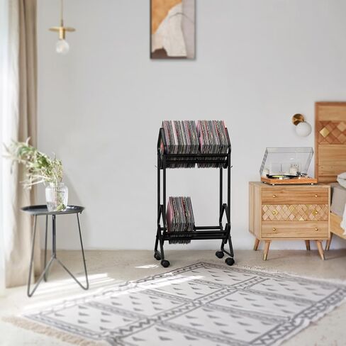 EMBATHER Vinyl Record Storage, Mobile 2-Tier Record Holder, 180-200 LP Storage Shelf, Easy and Quick Installation, Vinyl Record Display, Black Record Stand for Albums, CDs, Books and Magazines in Saudi Arabia
