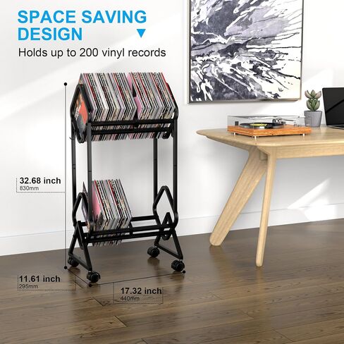 EMBATHER Vinyl Record Storage, Mobile 2-Tier Record Holder, 180-200 LP Storage Shelf, Easy and Quick Installation, Vinyl Record Display, Black Record Stand for Albums, CDs, Books and Magazines in Saudi Arabia