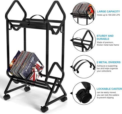 EMBATHER Vinyl Record Storage, Mobile 2-Tier Record Holder, 180-200 LP Storage Shelf, Easy and Quick Installation, Vinyl Record Display, Black Record Stand for Albums, CDs, Books and Magazines in Saudi Arabia