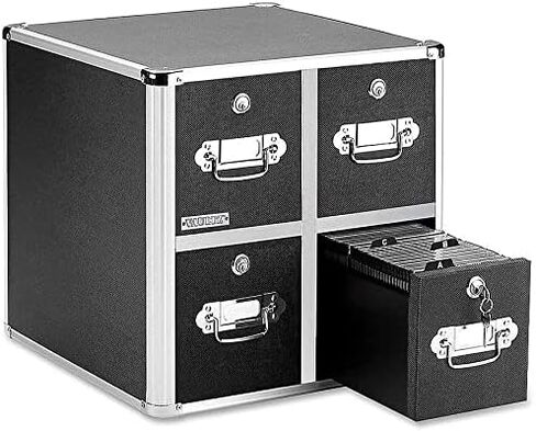 Vaultz 4-Drawer CD File Cabinet, Locking DVD & CD Storage Box, Black | Locking filing unit holds hundreds of discs with no cases, key lock keeps media secure, sturdy steel corners, black finish in Kuwait