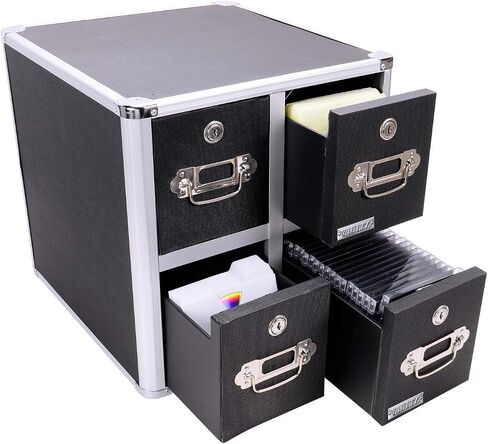 Vaultz 4-Drawer CD File Cabinet, Locking DVD & CD Storage Box, Black | Locking filing unit holds hundreds of discs with no cases, key lock keeps media secure, sturdy steel corners, black finish in Kuwait