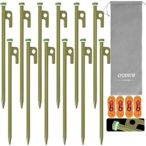 10 inch Tent Stakes Heavy Duty 12 PCS Camping Tent Stakes for Yard and Ground with Reflective Camping Ropes and Pegs Bag(ArmyGreen) in Kuwait