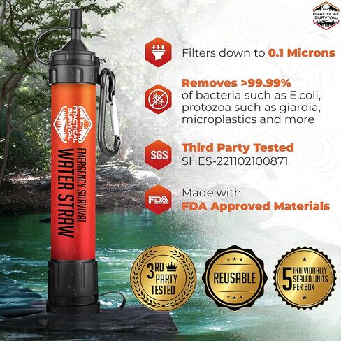 5 High Capacity Emergency Survival Water Straws - Personal Water Filter for Camping, Hiking, Travel, Biking, Survival, Emergency preparedness, Lightweight, Reusable and with no Expiration Date. (5) in Kuwait