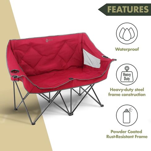 كرسي تخييم ثنائي مزدوج قابل للطي من ARROWHEAD للاستخدام الخارجي مع حامل كوبين وزجاج نبيذ، حقيبة حمل شديدة التحمل، مقاعد مبطنة ومساند للذراعين، يدعم ما يصل إلى 500 رطل، دعم قائم على الولايات المتحدة الأمريكية in Kuwait