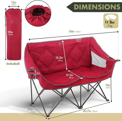 كرسي تخييم ثنائي مزدوج قابل للطي من ARROWHEAD للاستخدام الخارجي مع حامل كوبين وزجاج نبيذ، حقيبة حمل شديدة التحمل، مقاعد مبطنة ومساند للذراعين، يدعم ما يصل إلى 500 رطل، دعم قائم على الولايات المتحدة الأمريكية in Kuwait