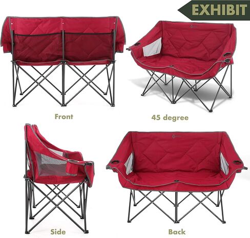 كرسي تخييم ثنائي مزدوج قابل للطي من ARROWHEAD للاستخدام الخارجي مع حامل كوبين وزجاج نبيذ، حقيبة حمل شديدة التحمل، مقاعد مبطنة ومساند للذراعين، يدعم ما يصل إلى 500 رطل، دعم قائم على الولايات المتحدة الأمريكية in Kuwait