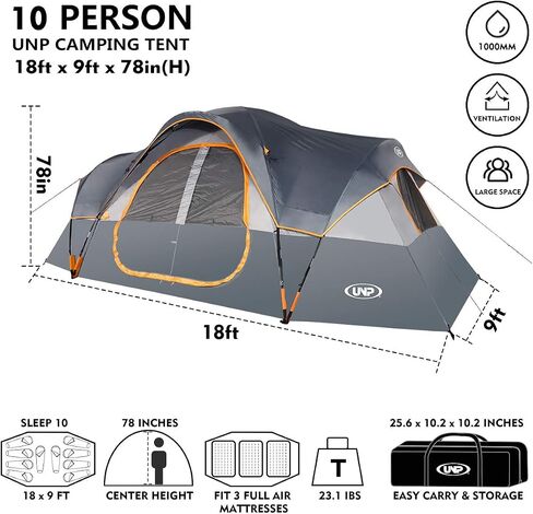 UNP Camping Tent 10-Person-Family Tents, Parties, Music Festival Tent, Big, Easy Up, 5 Large Mesh Windows, Double Layer, 2 Room, Waterproof, Weather Resistant, 18ft x 9ft x78in in Kuwait