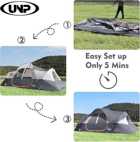 UNP Camping Tent 10-Person-Family Tents, Parties, Music Festival Tent, Big, Easy Up, 5 Large Mesh Windows, Double Layer, 2 Room, Waterproof, Weather Resistant, 18ft x 9ft x78in in Kuwait