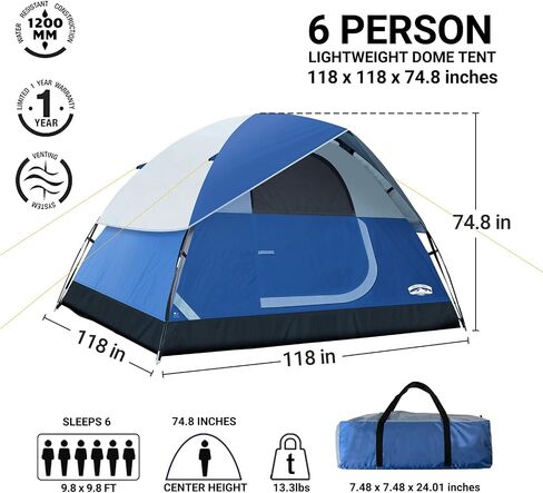 Pacific Pass 2/4/6 Person Family Dome Tent with Removable Rain Fly, Easy Setup for Camp Outdoor in Saudi Arabia
