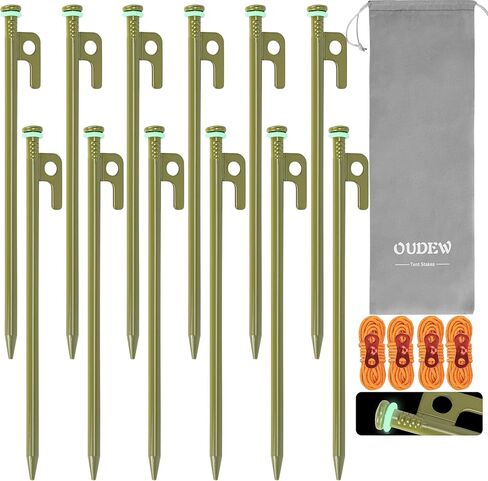 10 inch Tent Stakes Heavy Duty 12 PCS Camping Tent Stakes for Yard and Ground with Reflective Camping Ropes and Pegs Bag(ArmyGreen) in Kuwait