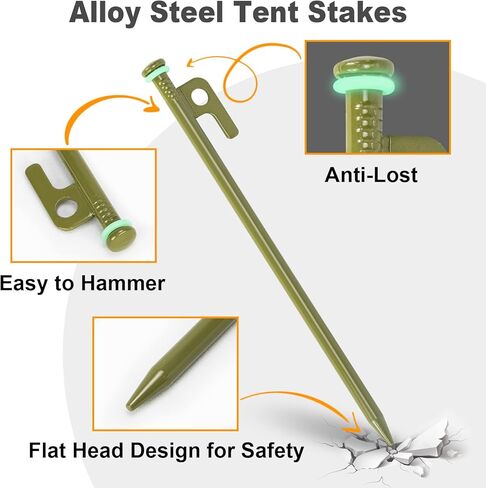 10 inch Tent Stakes Heavy Duty 12 PCS Camping Tent Stakes for Yard and Ground with Reflective Camping Ropes and Pegs Bag(ArmyGreen) in Kuwait