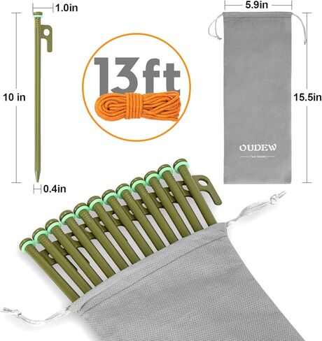 10 inch Tent Stakes Heavy Duty 12 PCS Camping Tent Stakes for Yard and Ground with Reflective Camping Ropes and Pegs Bag(ArmyGreen) in Kuwait