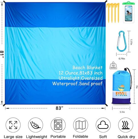 BYDOLL Beach Blanket 81''×83'' 4-7 Adults Oversized Lightweight Waterproof Sandproof Beach Blanket Large Picnic Mat Beach Blanket for Beach Travel Camping Hiking Picnic in Saudi Arabia