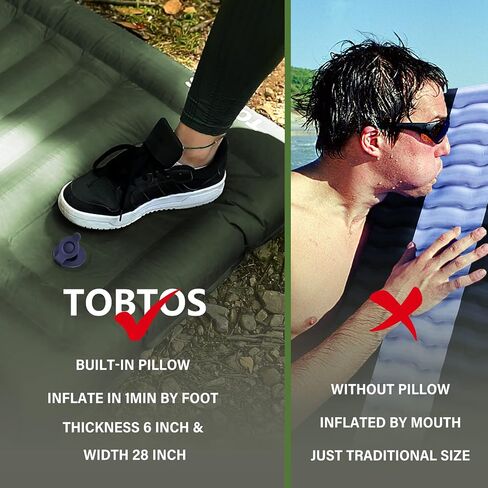 TOBTOS وسادة نوم مزدوجة للتخييم، مرتبة تخييم سميكة للغاية 6 بوصات لشخصين مع وسادة مضخة قدم مدمجة، بساط نوم قابل للنفخ للتخييم، وحقائب الظهر، والمشي لمسافات طويلة، والسفر in Kuwait