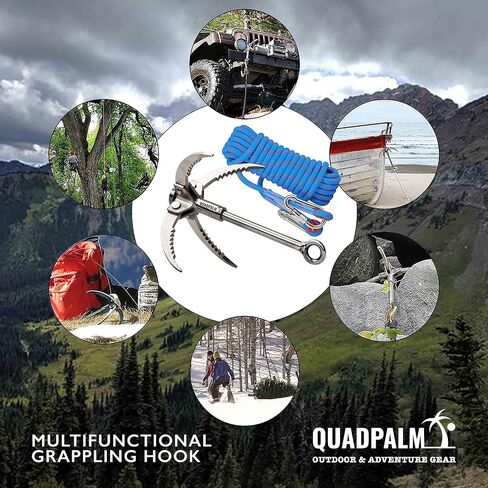 خطاف تصارع بحبل 10 أمتار - خطاف تصارع QUADPALM متعدد الوظائف - 4 مخالب قابلة للطي من الفولاذ المقاوم للصدأ - شديدة التحمل - معدات تسلق الجبال الصخرية والتخييم في الهواء الطلق in Kuwait