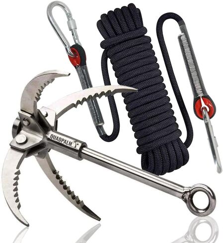Grappling Hook with 10m Rope – Multifunctional QUADPALM Grapple Hook - 4 Stainless Steel Folding Claws - Heavy Duty - Outdoor Camping Hiking Tree Rock Mountain Climbing Equipment in Kuwait
